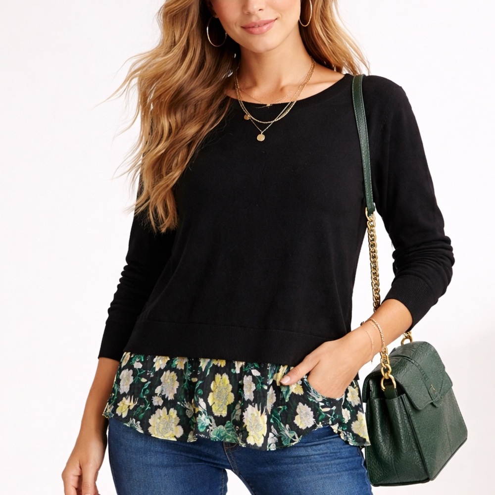 Club Monaco Black Top with Green Floral Hem